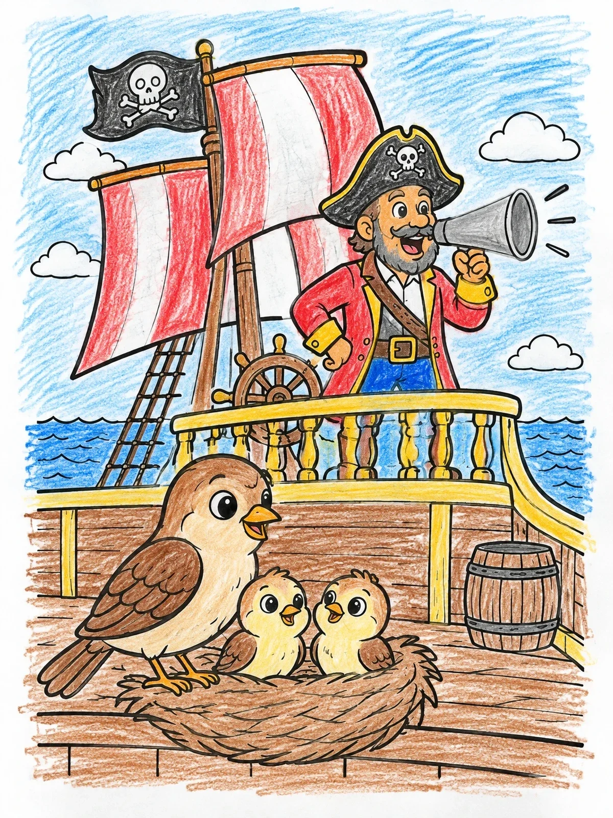 Colored example of the Sparrow Family On Pirate Ship coloring page