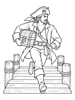 A bold rogue pirate runs on a dock in this sparrow coloring page.