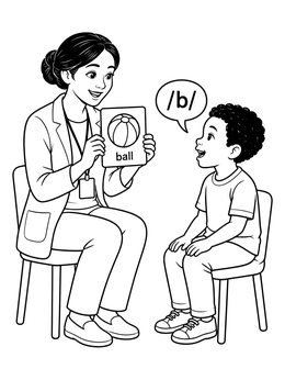 A clinician and boy in a speech therapy coloring page practicing sounds with a flashcard.