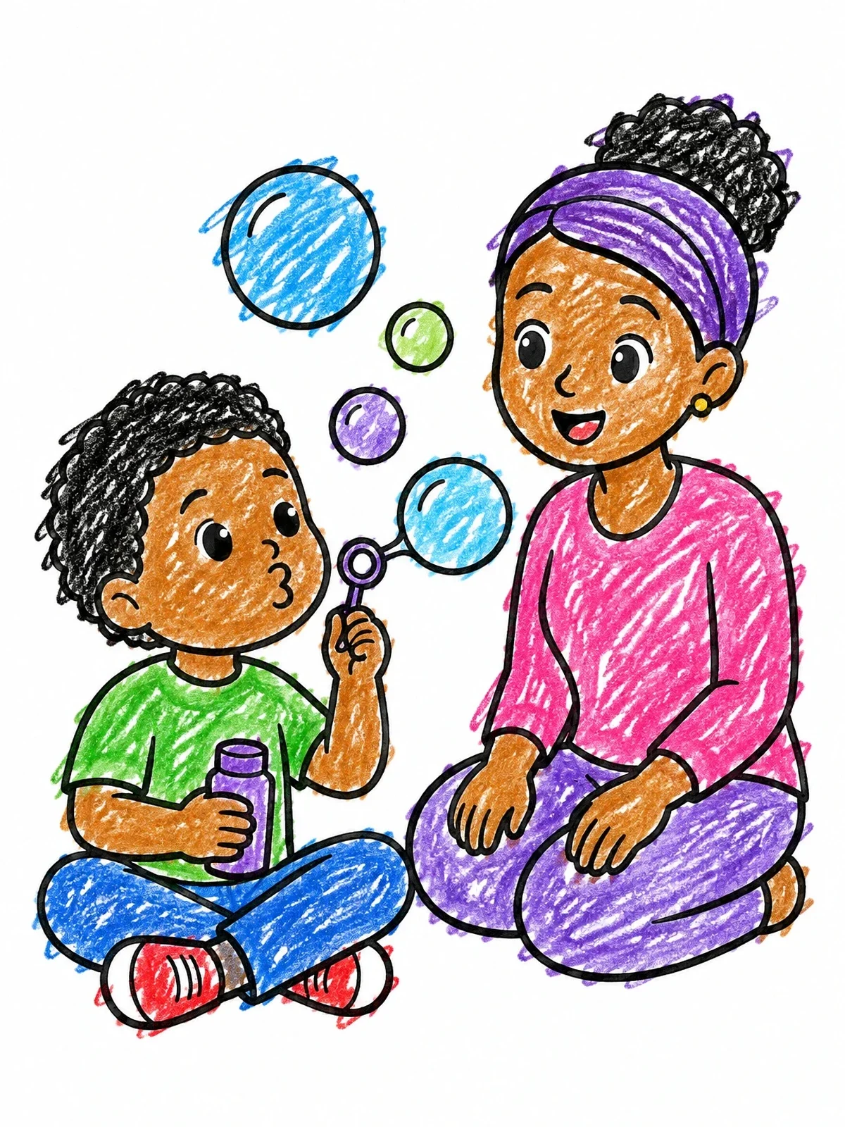 Colored example of the Blowing Bubbles In Speech Therapy coloring page