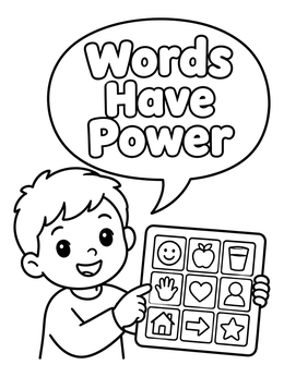 A cheerful boy uses an AAC tablet in this speech therapy coloring page.