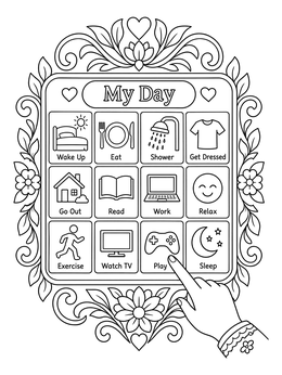 A detailed speech therapy coloring page featuring an adult communication board framed by floral patterns.