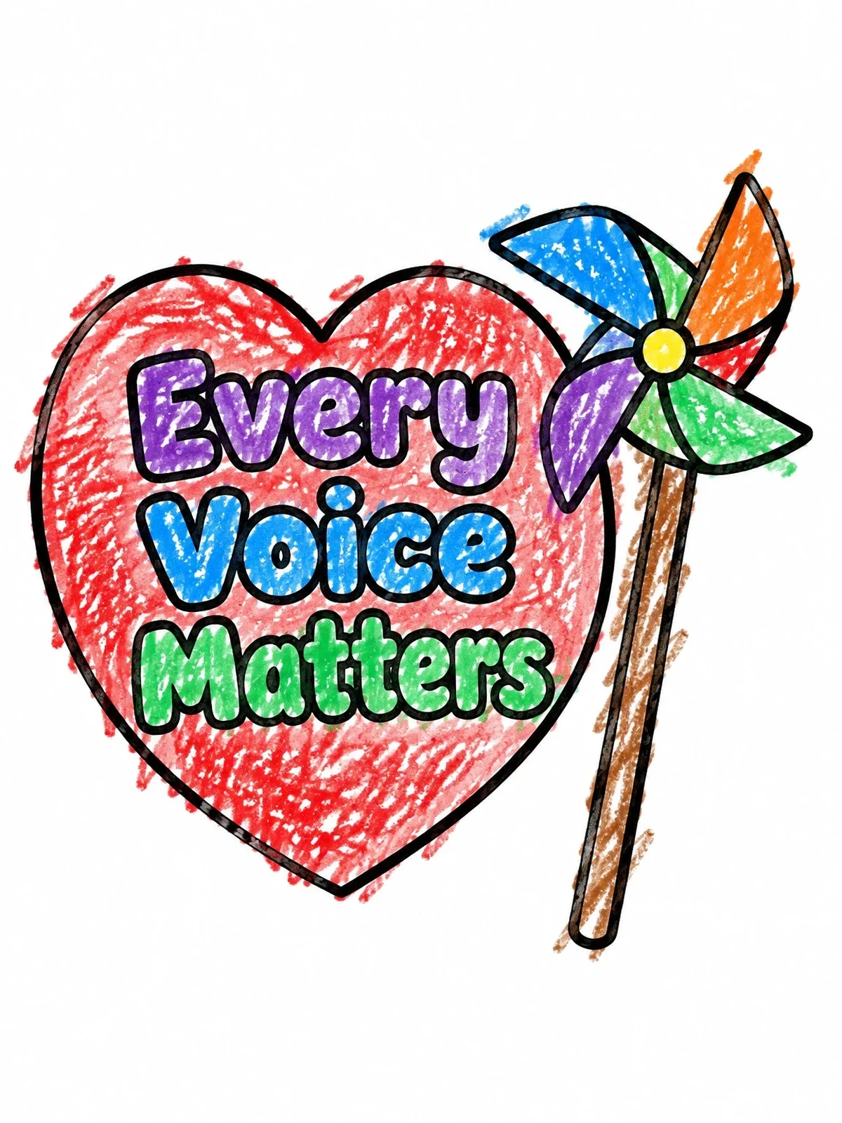Colored example of the Every Voice Matters Pinwheel Heart coloring page