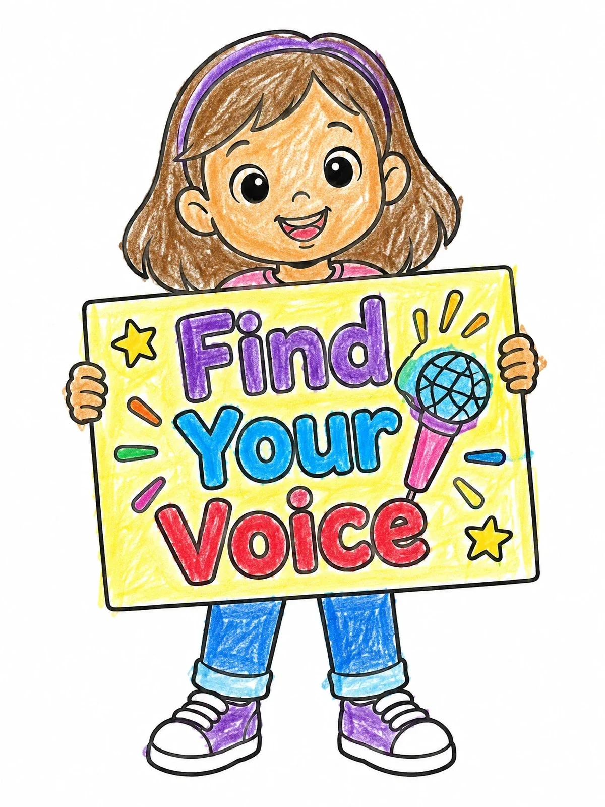 Colored example of the Girl Holding Find Your Voice Sign coloring page