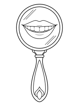 A speech therapy coloring page showing a handheld mirror with smiling lips reflected inside.
