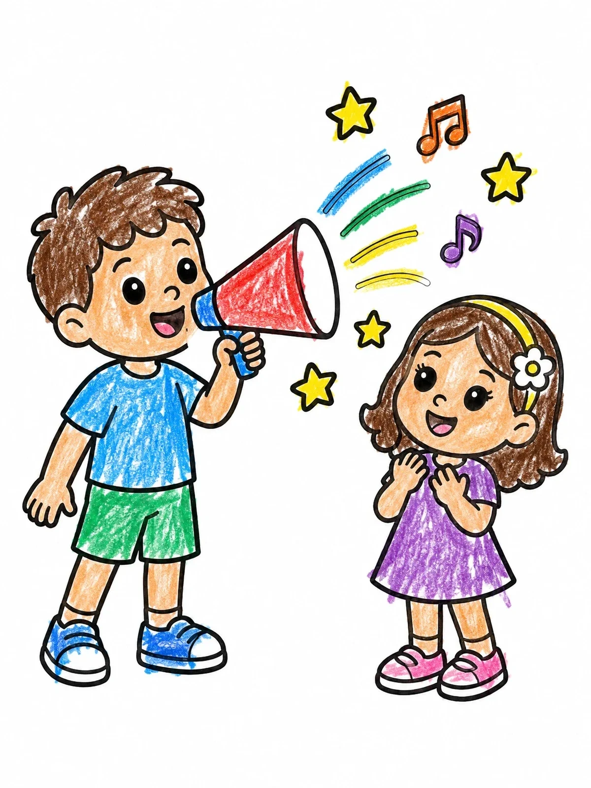 Colored example of the Boy Speaking Through Megaphone To Friend coloring page