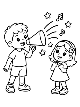 Free printable Boy Speaking Through Megaphone To Friend coloring page