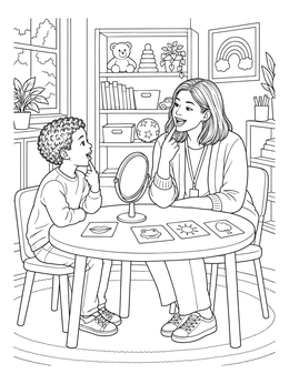 A therapist and child practice sounds in this speech therapy coloring page.