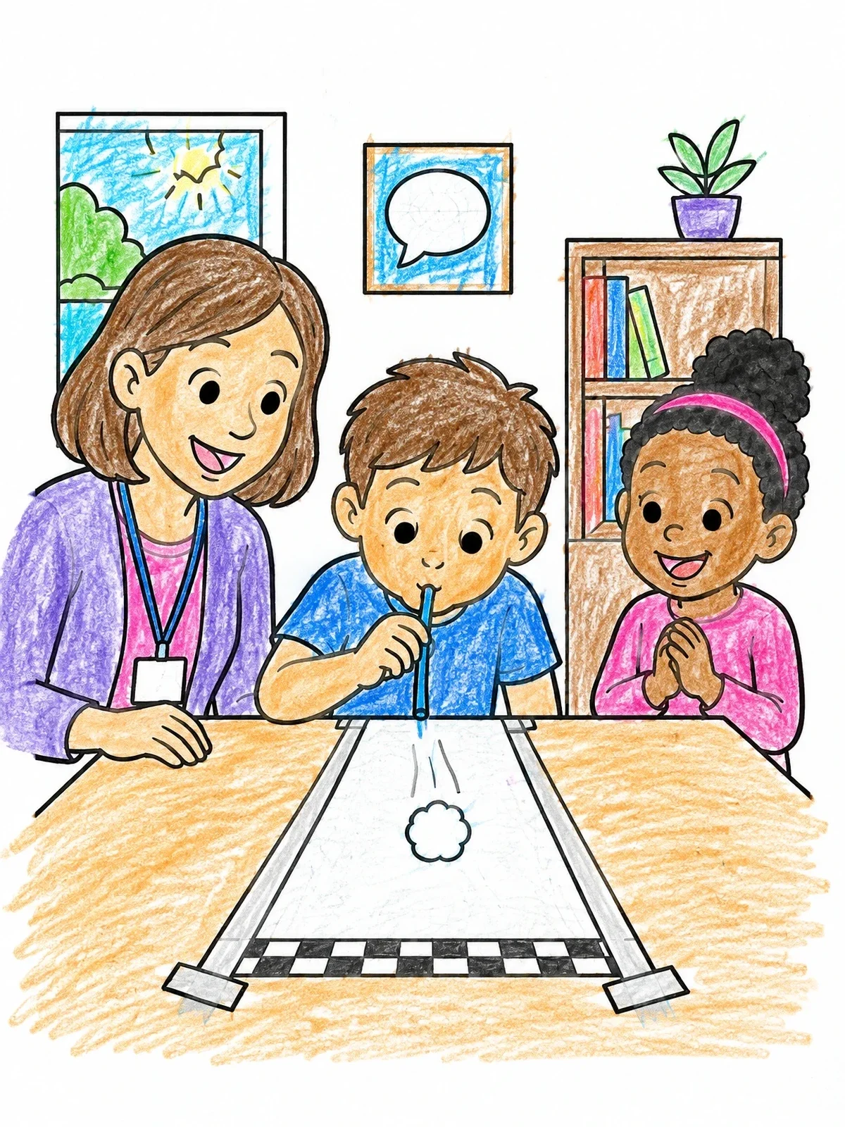 Colored example of the Kids Doing A Straw Blowing Exercise coloring page