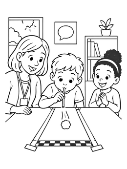 Kids play a blowing game in this speech therapy coloring page.
