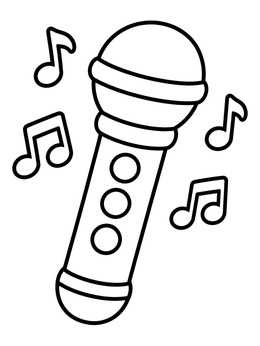 A speech therapy coloring page featuring a toy microphone surrounded by musical notes.