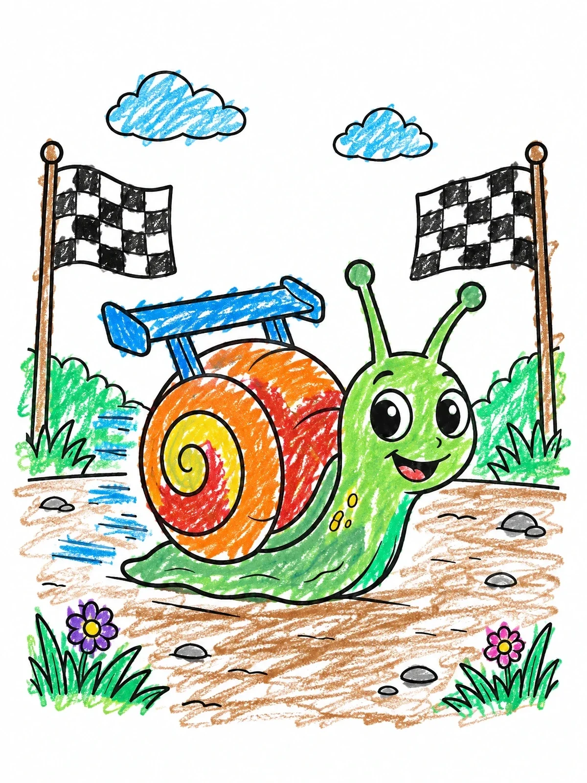 Colored example of the Speedy Race Snail With Spoiler coloring page