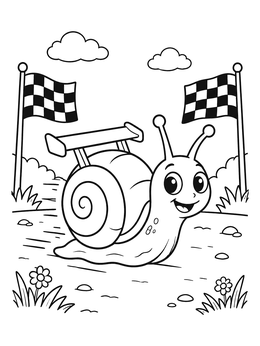 A cheerful racing snail coloring page with a spoiler zooming past checkered flags.