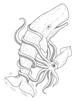 A detailed sperm whale coloring page showing an epic underwater battle with a giant squid.