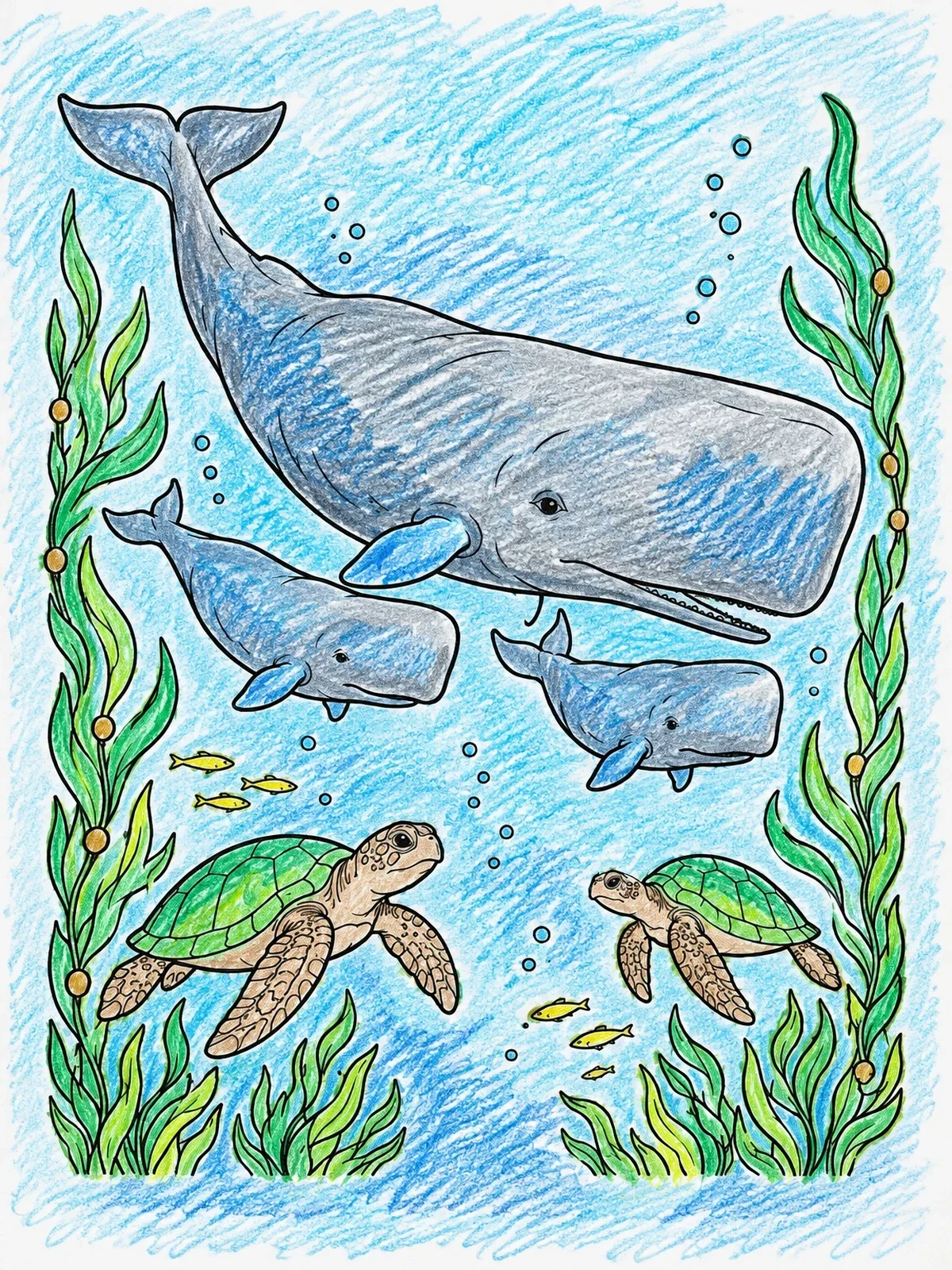 Colored example of the Sperm Whale Family With Sea Turtles coloring page
