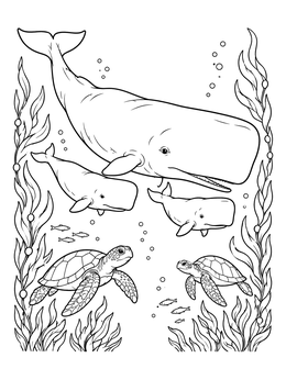 A mother and two calves swim underwater on this sperm whale coloring page with sea turtles.