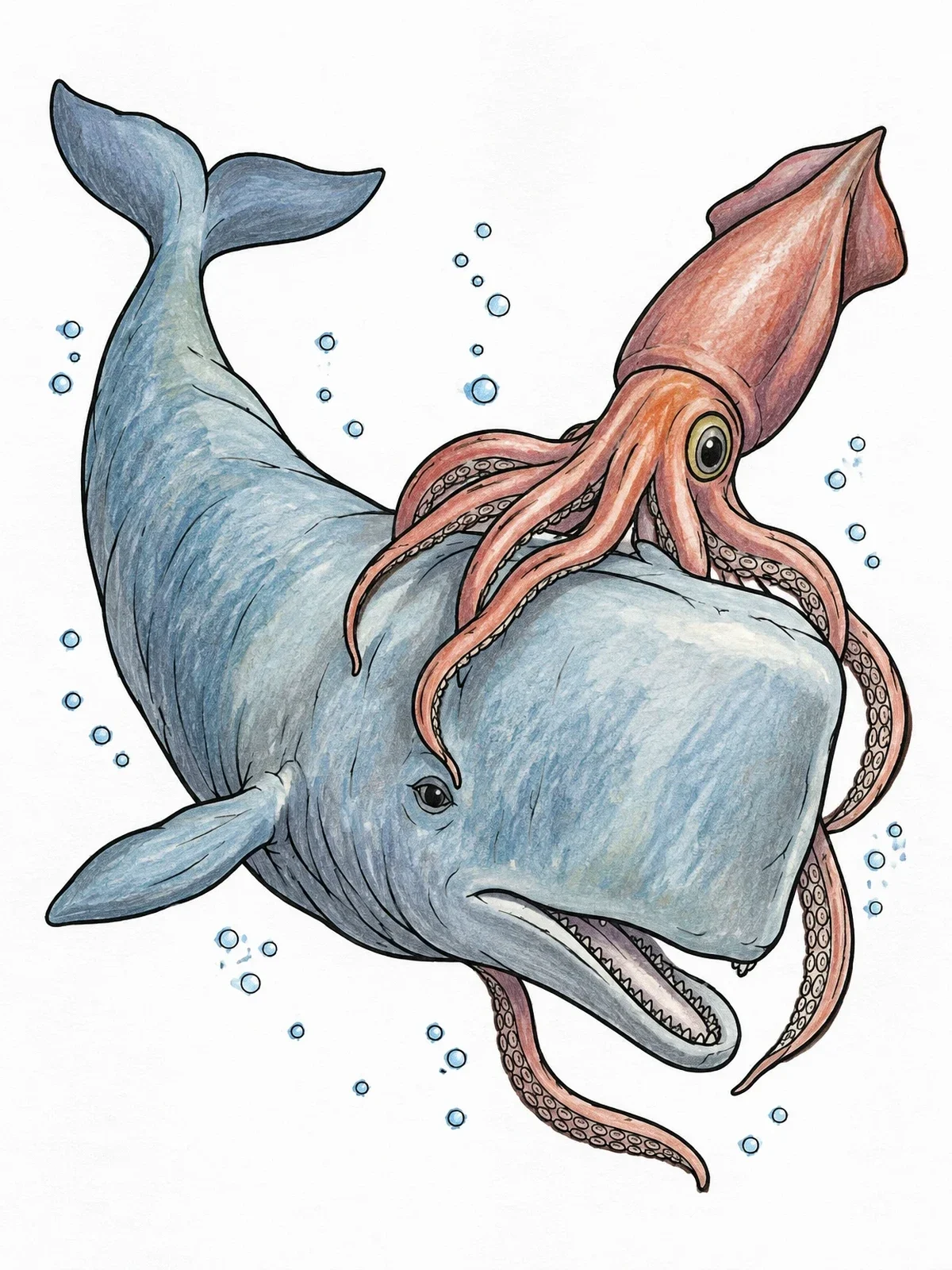 Colored example of the Sperm Whale And Giant Squid Encounter coloring page