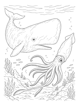 A realistic sperm whale coloring page showing an underwater encounter with a giant squid over the seabed.