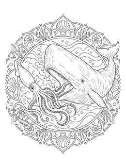 Intricate sperm whale coloring page showing an epic underwater battle with a giant squid inside a mandala frame.