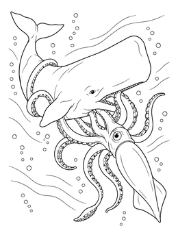 A dynamic sperm whale coloring page showing a deep sea encounter with a giant squid among bubbles.