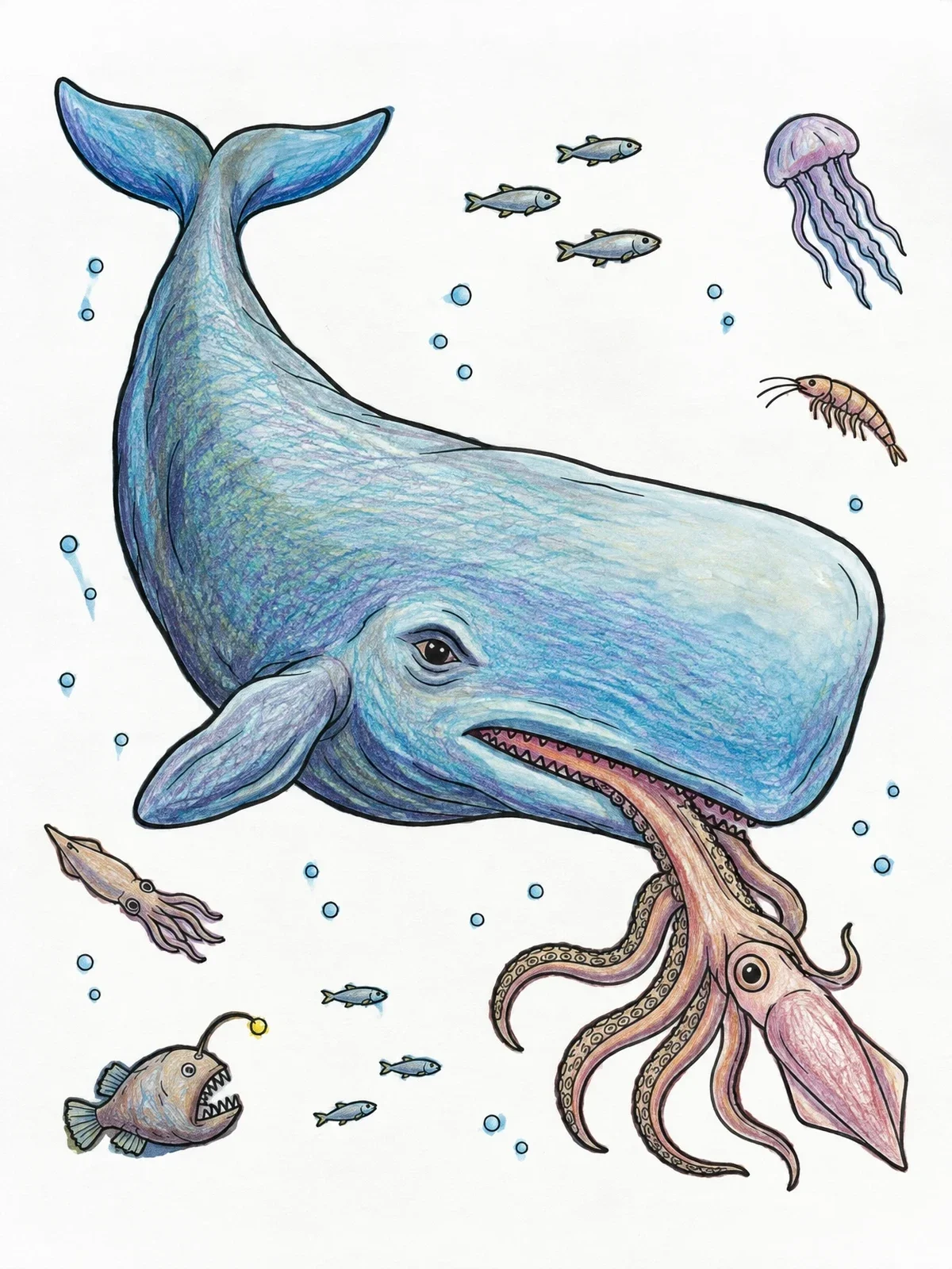 Colored example of the Sperm Whale Hunting A Giant Squid coloring page