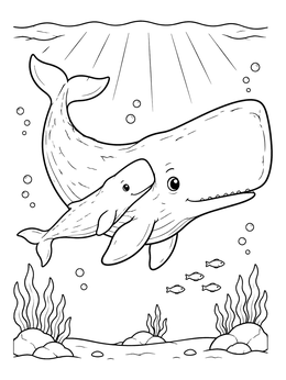A sweet sperm whale coloring page showing a mother whale and calf swimming together under the sea.