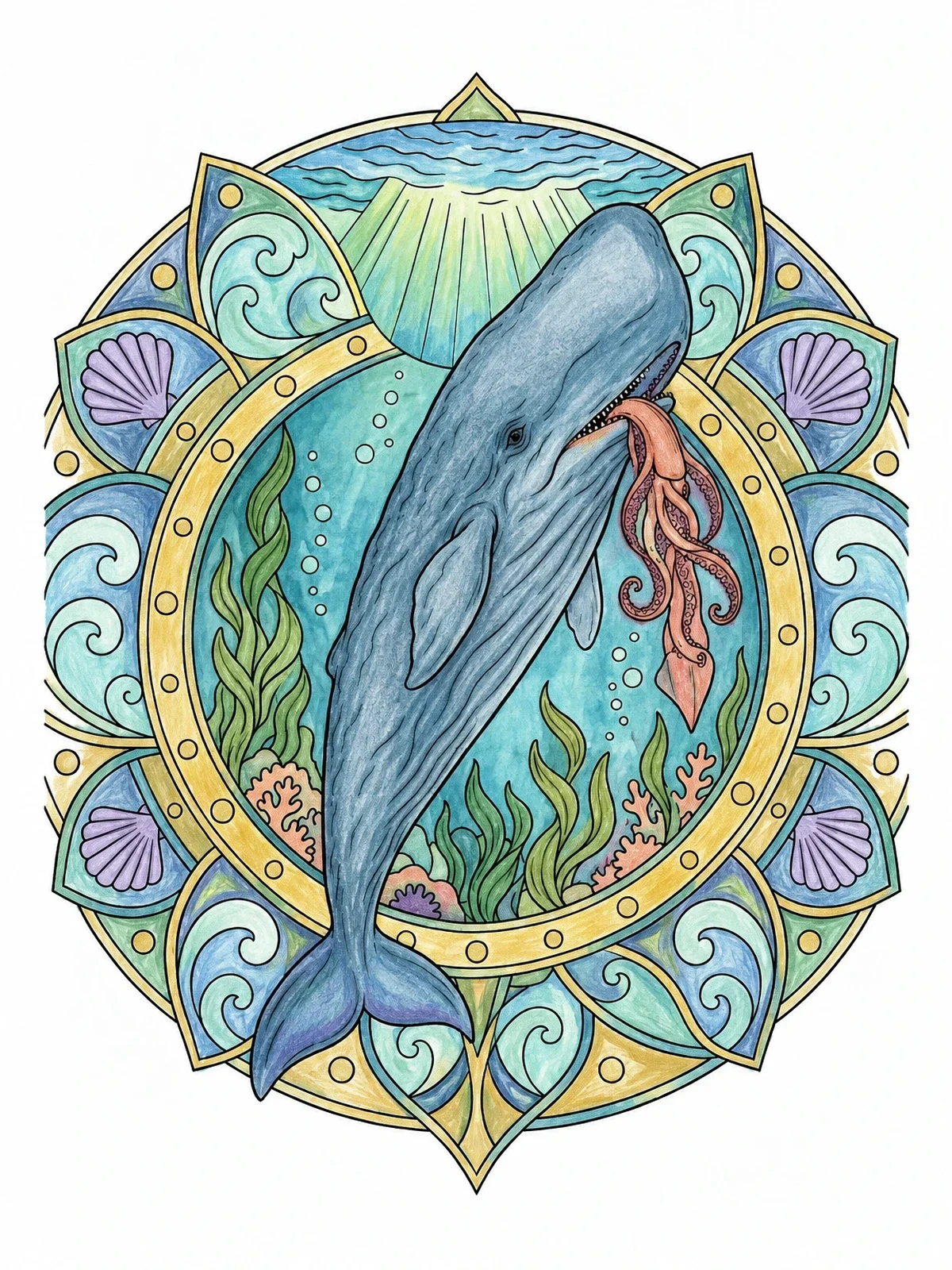 Colored example of the Sperm Whale Hunting Squid Mandala coloring page