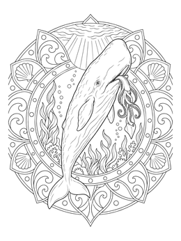 An intricate sperm whale coloring page showing the whale catching a squid inside an ornate mandala frame.