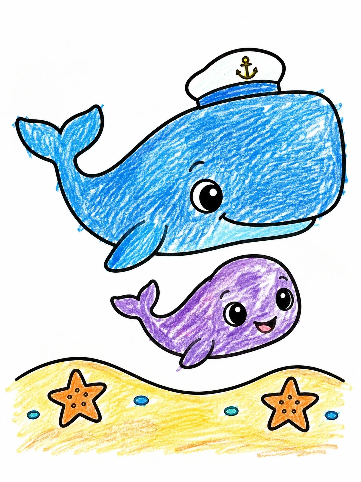 Colored example of the Sperm Whale With Sailor Cap And Calf coloring page