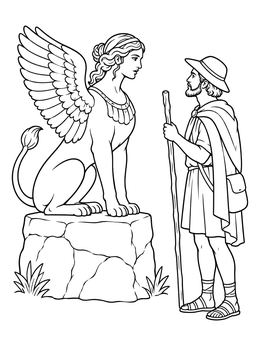 A winged sphinx confronting a traveler with a staff in this sphinx coloring page.