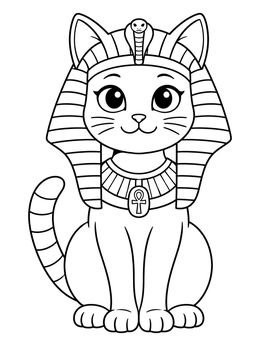 A cute cartoon pharaoh cat on this sphinx coloring page wearing an ornate nemes headdress.