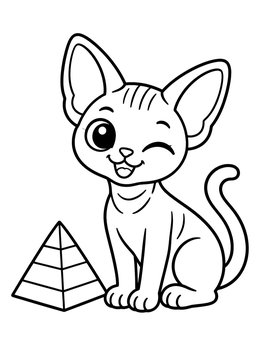 A playful kitten sits by a pyramid toy in this sphynx coloring page.