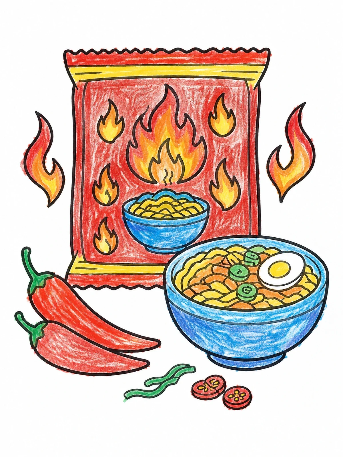 Colored example of the Spicy Instant Ramen And Chili Peppers coloring page