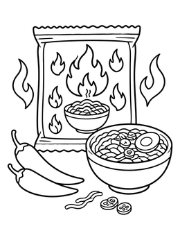 A fiery ramen coloring page featuring a spicy noodle packet, chili peppers, and a ready bowl.