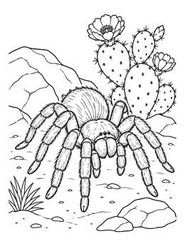 A detailed tarantula walks through a desert scene in this spider coloring page.