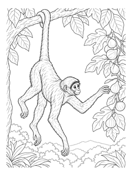 A detailed monkey coloring page showing a spider monkey reaching for figs from a branch.