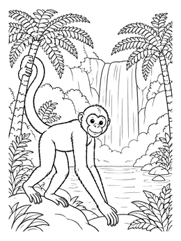 A cheerful spider monkey rests near a cascading stream in this jungle coloring page.