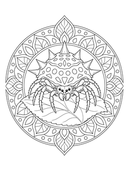 A detailed spiny orb-weaver spider resting on a leaf in this spider coloring page with mandala art.
