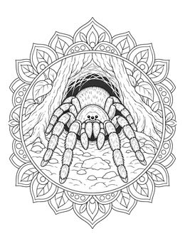 A detailed tarantula emerging from its burrow within a spider coloring page mandala.