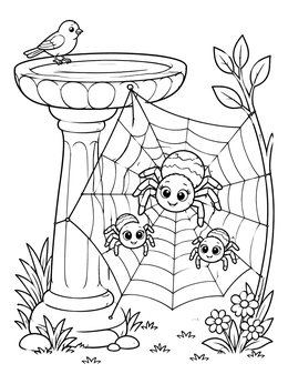 A friendly spider family on a web by a birdbath in this spider coloring page.