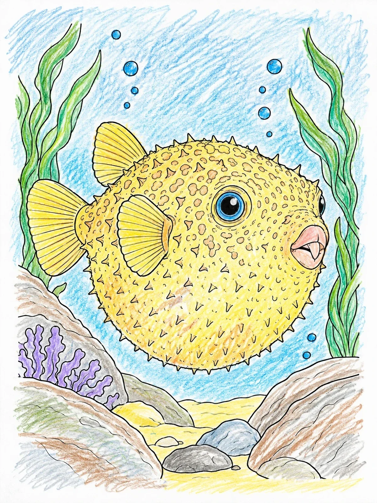 Colored example of the Spiky Puffer Fish Swimming Underwater coloring page