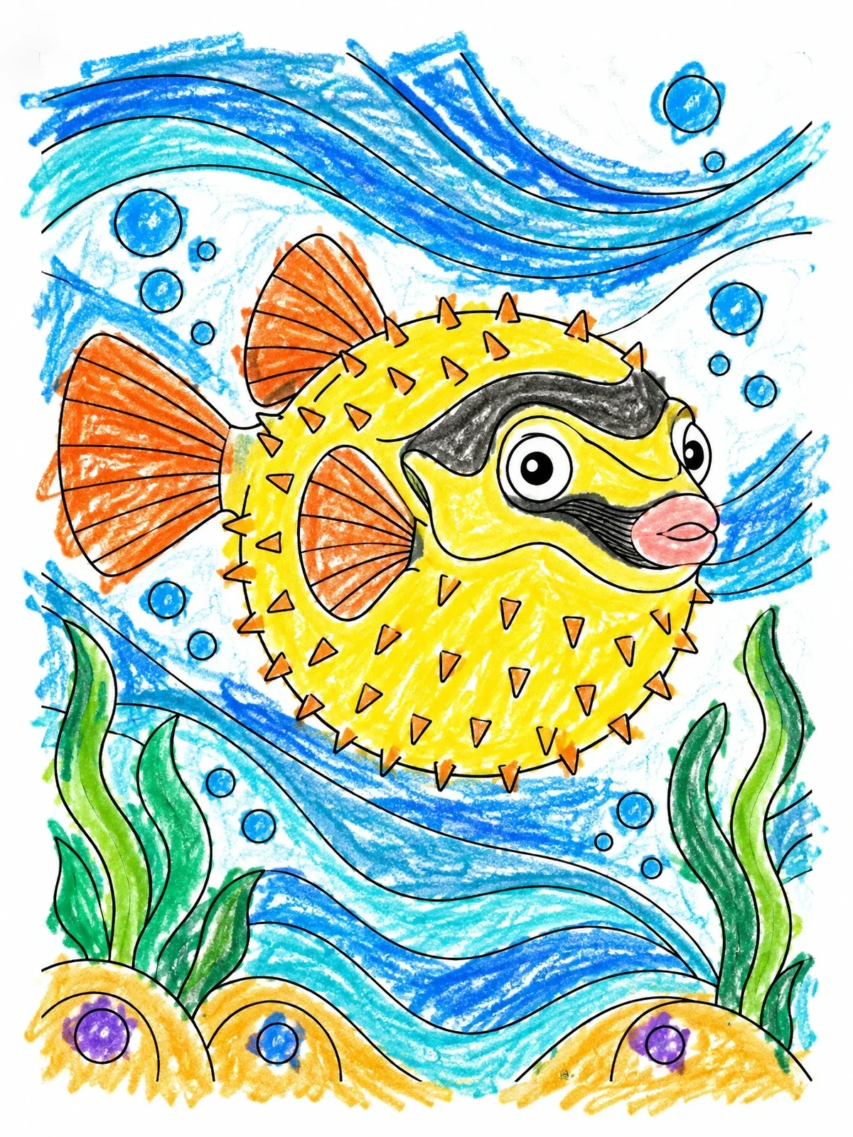 Colored example of the Spiky Puffer Fish Swimming Underwater coloring page