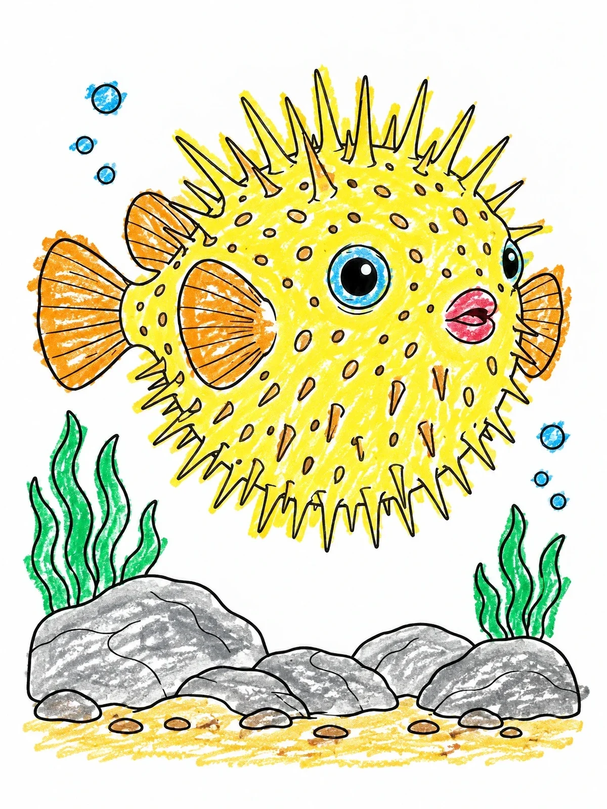 Colored example of the Spiky Pufferfish Over Ocean Floor coloring page