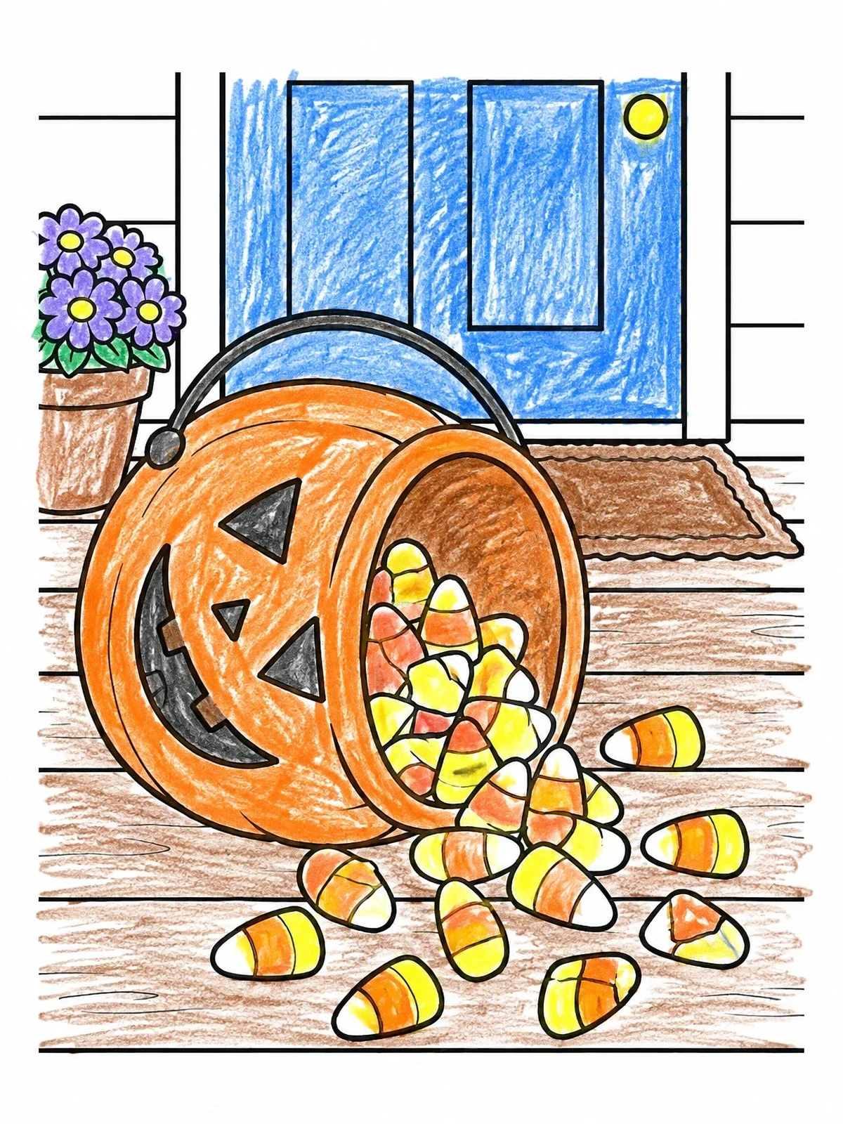 Colored example of the Spilled Candy Corn Pumpkin Bucket coloring page