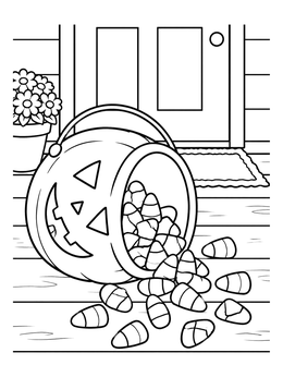 A candy corn coloring page featuring a pumpkin bucket tipped over on a porch with sweet treats spilling out.