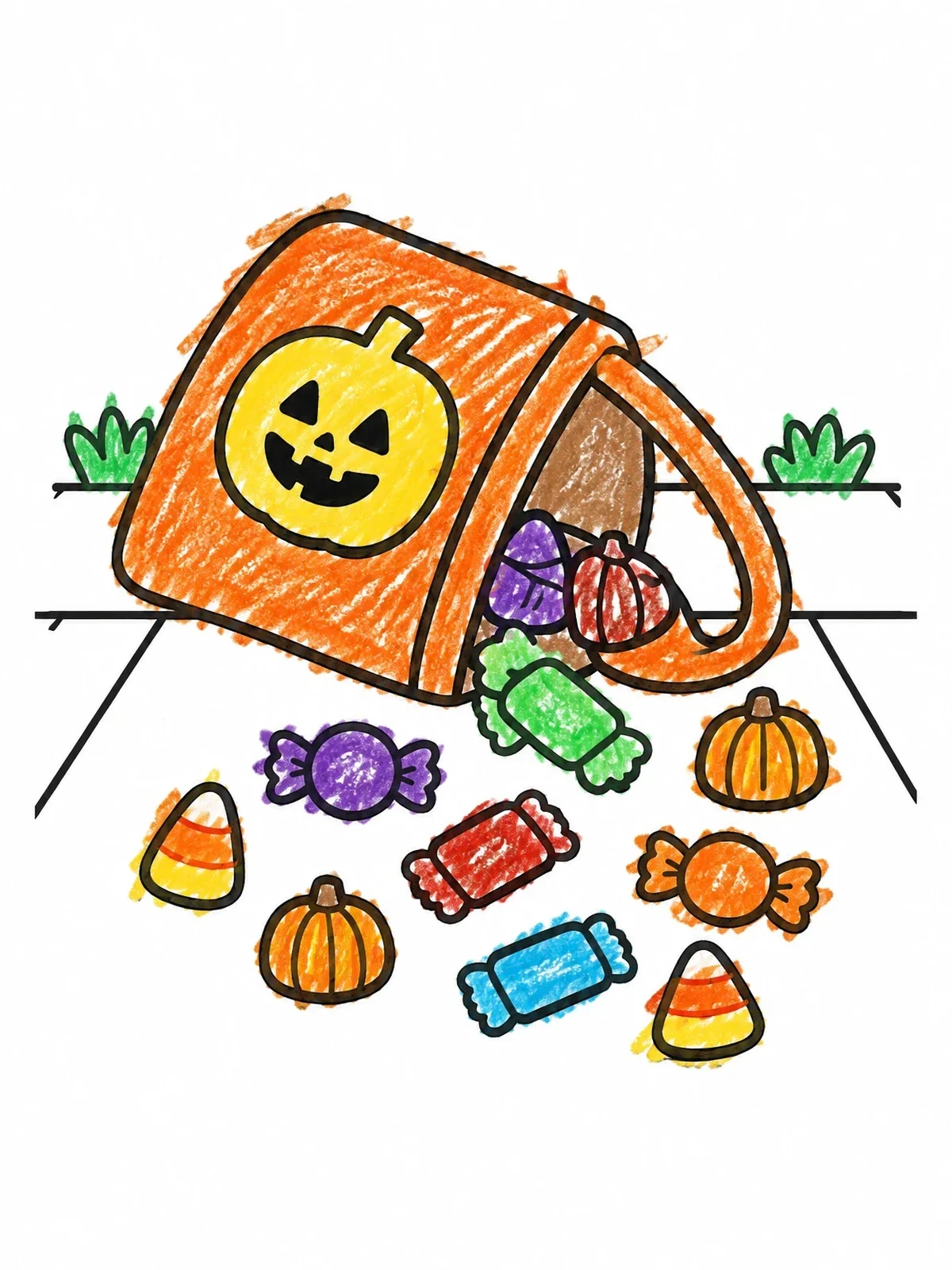 Colored example of the Spilled Halloween Trick Or Treat Bag coloring page