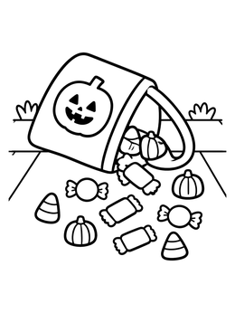 Free printable Spilled Halloween Trick Or Treat Bag coloring page