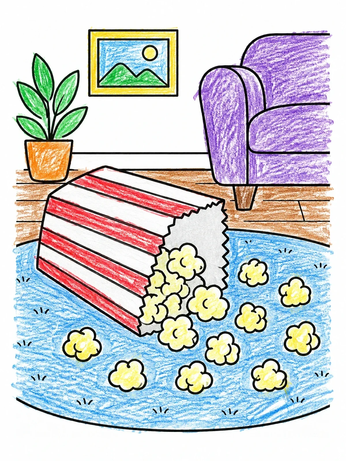 Colored example of the Spilled Popcorn On Living Room Carpet coloring page