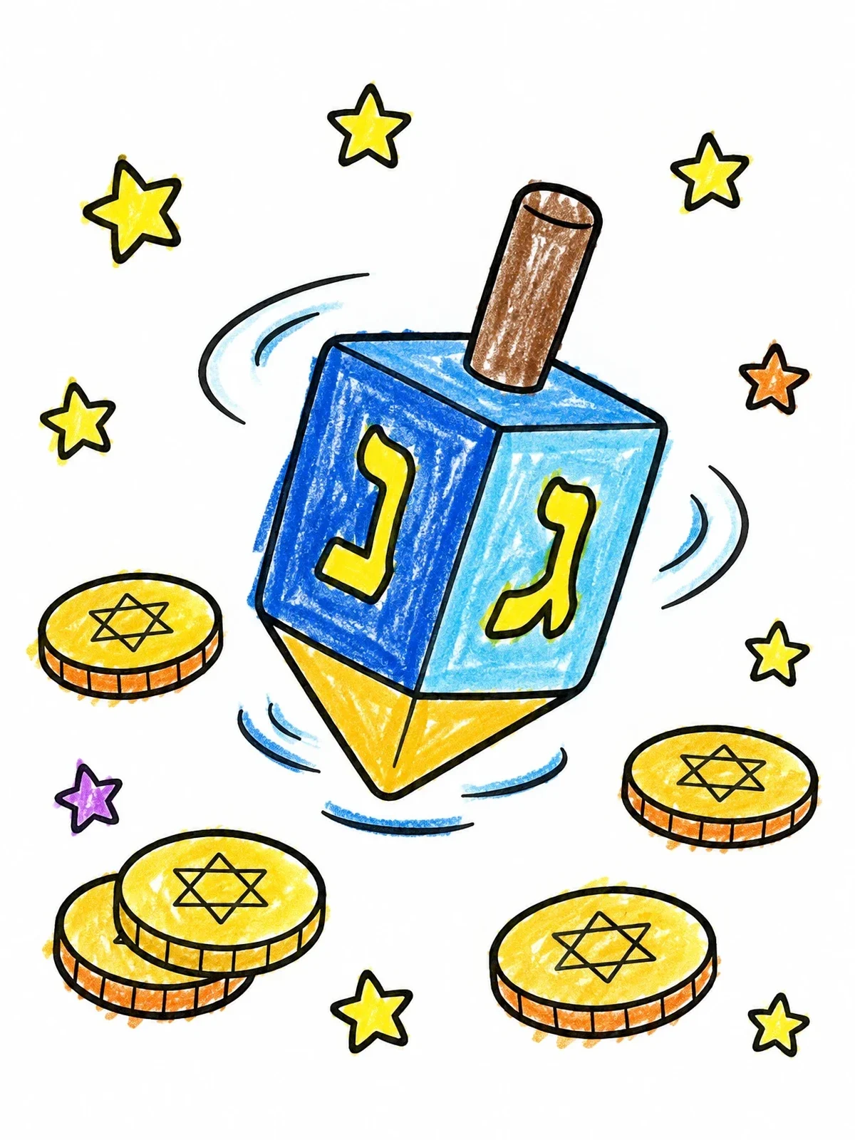 Colored example of the Spinning Dreidel And Gelt Coins coloring page