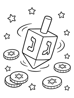 Free printable Spinning Dreidel And Gelt Coins coloring page